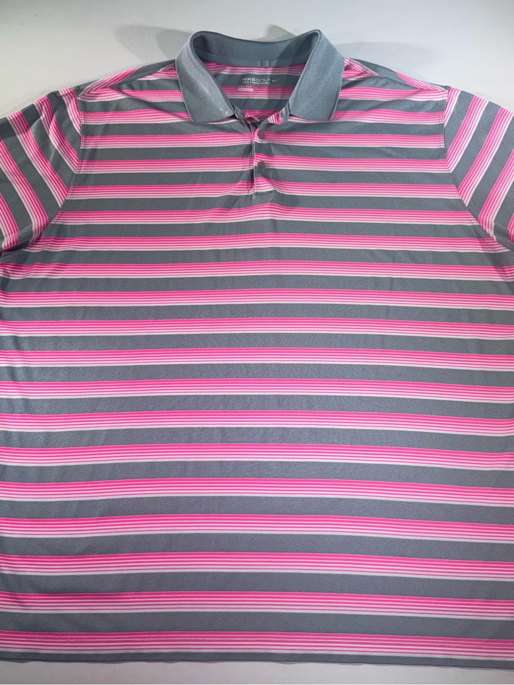 NIKE GOLF Men’s Polo Shirt, Pink/White/ Gray Striped, Golfer, Outdoors, XXL, EUC